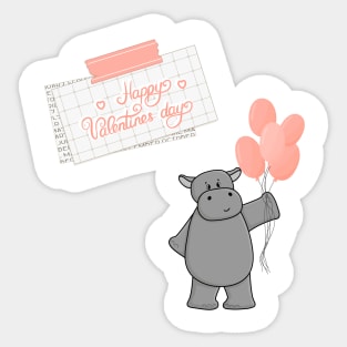 Cute hippo with balloons and Happy Valentines day text Sticker